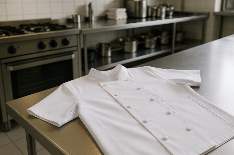 Modern chef jackets displayed in a professional kitchen, highlighting breathable fabric features