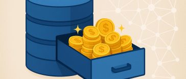 Database icons and digital data symbols representing first-party data potential and value