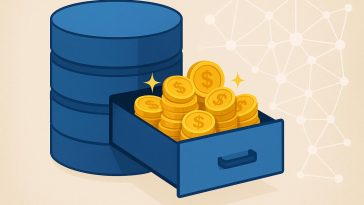 Database icons and digital data symbols representing first-party data potential and value