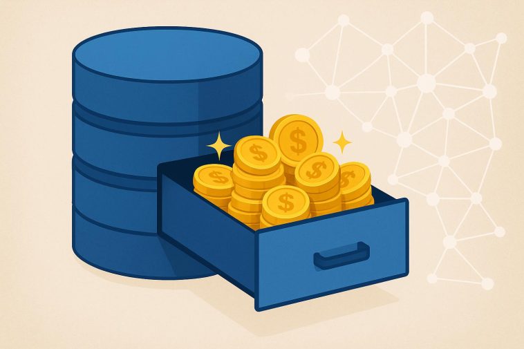 Database icons and digital data symbols representing first-party data potential and value