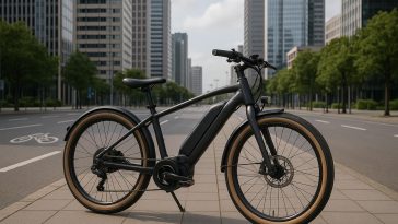 Top electric cycles for city commuting parked on an urban street with modern buildings