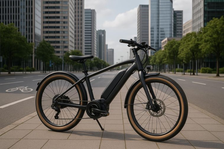 Top electric cycles for city commuting parked on an urban street with modern buildings