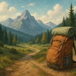 Hiker with backpack walks through forest trail promoting physical and mental health benefits