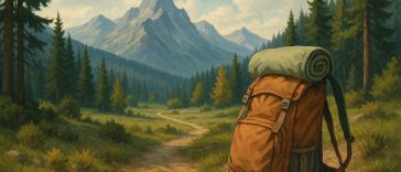 Hiker with backpack walks through forest trail promoting physical and mental health benefits
