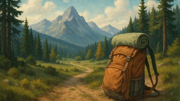 Hiker with backpack walks through forest trail promoting physical and mental health benefits