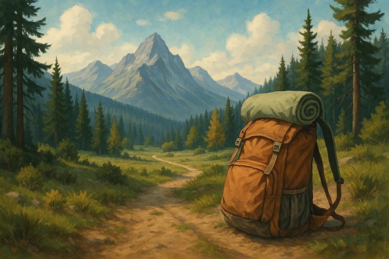 Hiker with backpack walks through forest trail promoting physical and mental health benefits