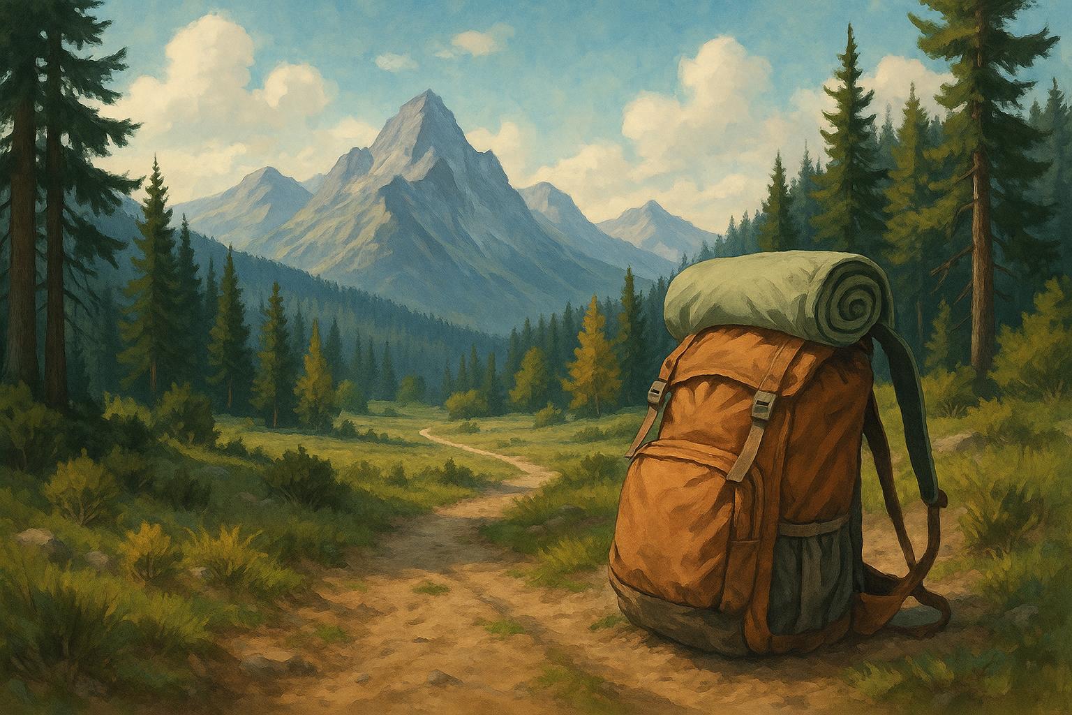 Hiker with backpack walks through forest trail promoting physical and mental health benefits
