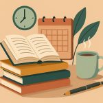 Books and planner arranged on a desk representing building a reading habit in a busy schedule