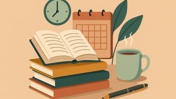 Books and planner arranged on a desk representing building a reading habit in a busy schedule