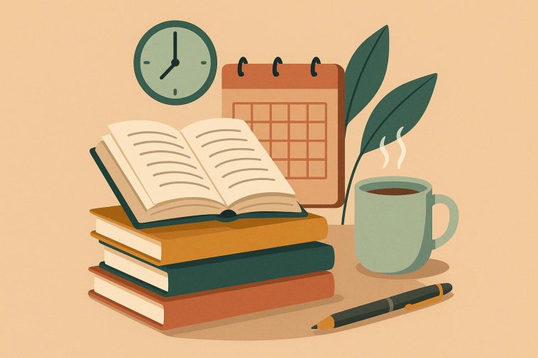 Books and planner arranged on a desk representing building a reading habit in a busy schedule