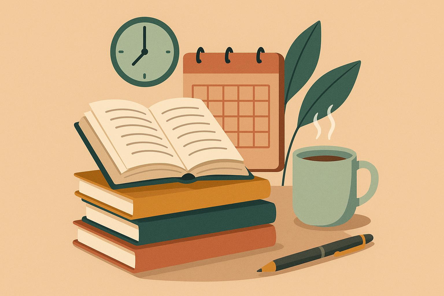 Books and planner arranged on a desk representing building a reading habit in a busy schedule