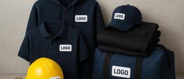 Branded workwear bundles with custom logos for trades and construction displayed on clothing.