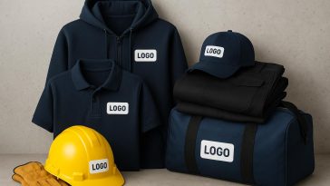 Branded workwear bundles with custom logos for trades and construction displayed on clothing.