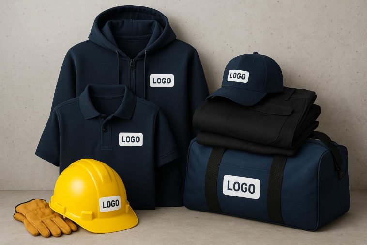 Branded workwear bundles with custom logos for trades and construction displayed on clothing.