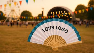 Custom handheld fans with festival branding displayed outdoors in a lively summer festival setting