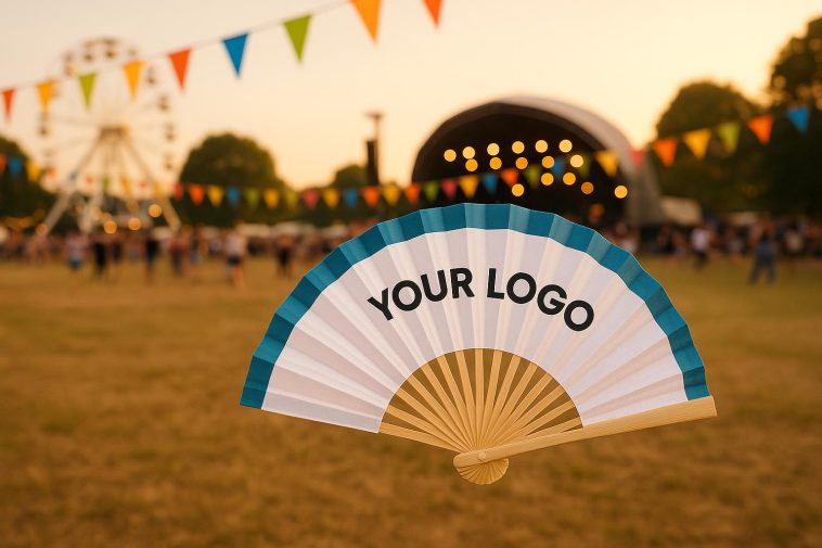 Custom handheld fans with festival branding displayed outdoors in a lively summer festival setting