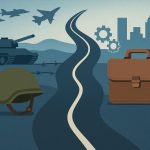 Military-to-civilian career transition concept with symbolic pathway and challenge elements