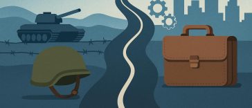 Military-to-civilian career transition concept with symbolic pathway and challenge elements