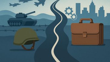 Military-to-civilian career transition concept with symbolic pathway and challenge elements