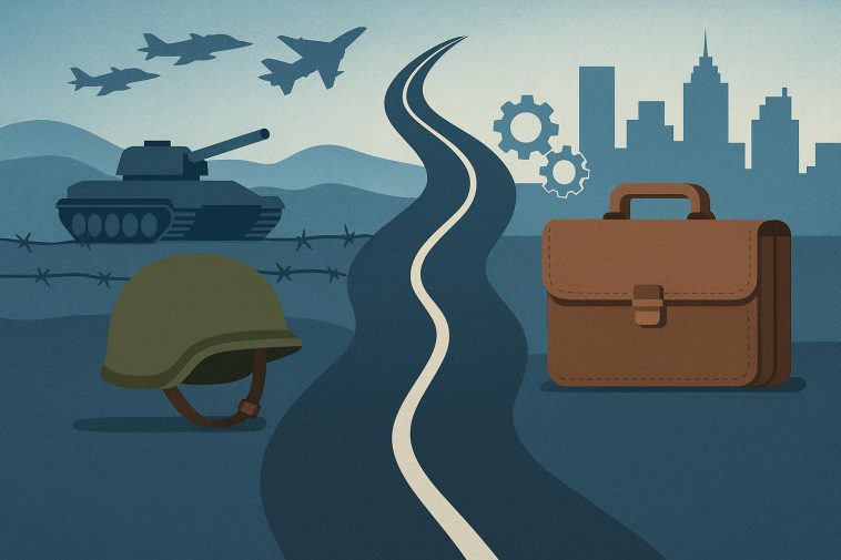 Military-to-civilian career transition concept with symbolic pathway and challenge elements