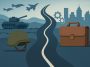 Military-to-civilian career transition concept with symbolic pathway and challenge elements