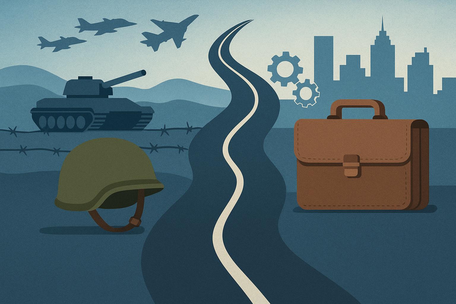 Military-to-civilian career transition concept with symbolic pathway and challenge elements