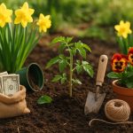 Blooming spring garden with vegetable beds and gardening tools for budget-friendly planting tips