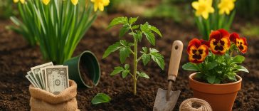 Blooming spring garden with vegetable beds and gardening tools for budget-friendly planting tips