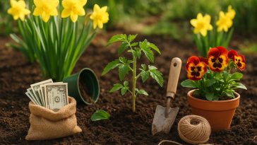 Blooming spring garden with vegetable beds and gardening tools for budget-friendly planting tips