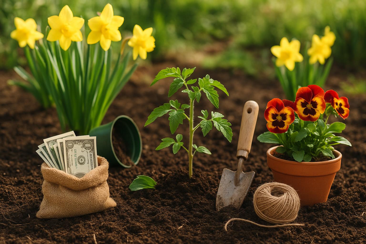 Blooming spring garden with vegetable beds and gardening tools for budget-friendly planting tips