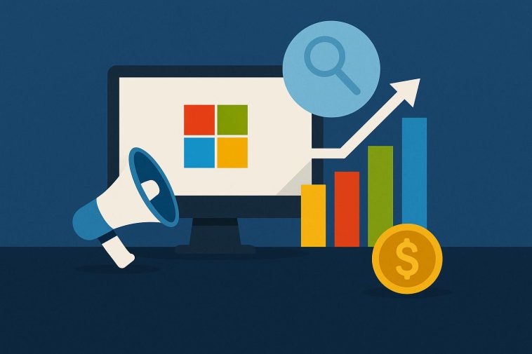 Microsoft Advertising platform dashboard interface showcasing digital marketing analytics and growth charts