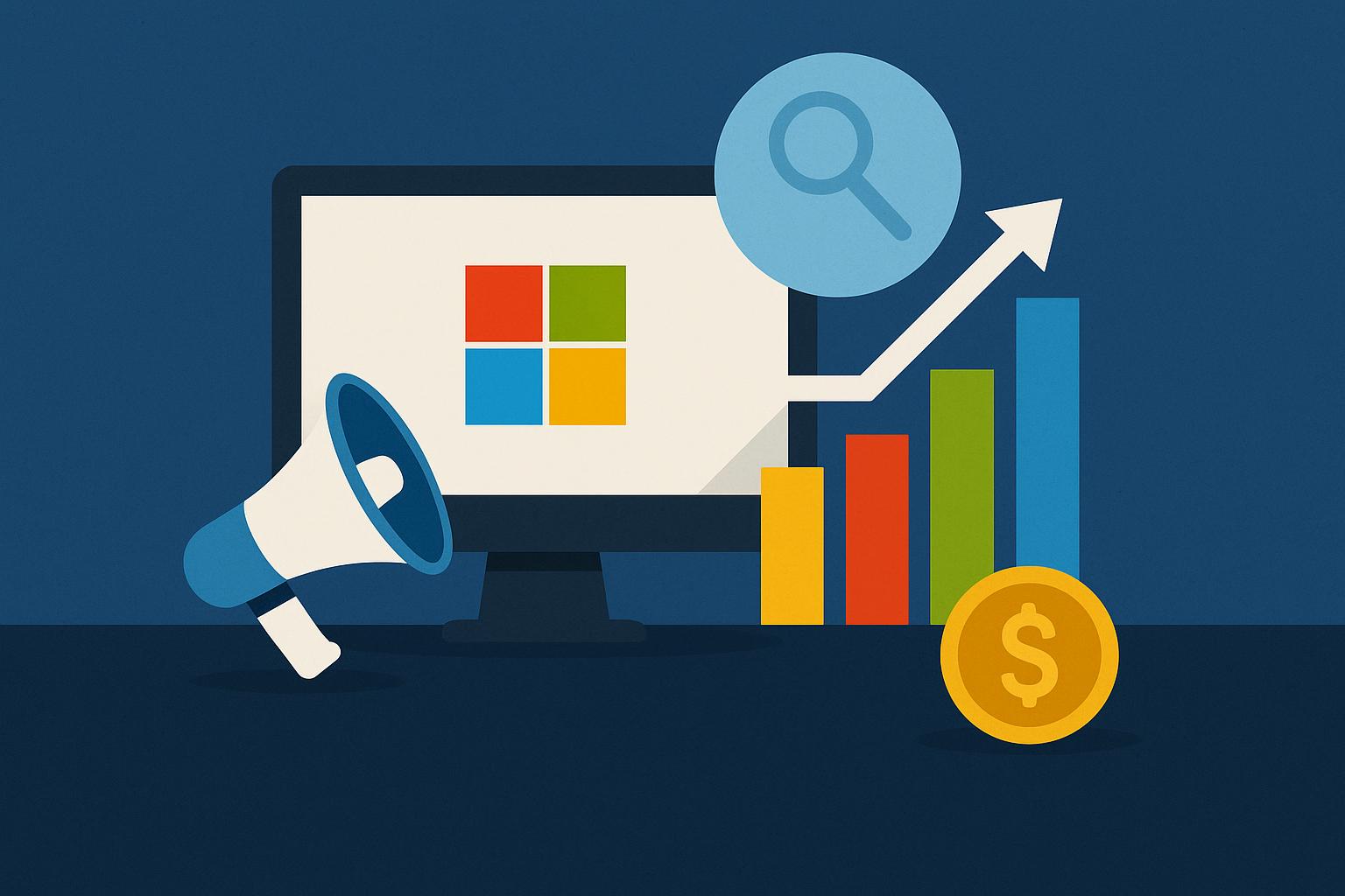 Microsoft Advertising platform dashboard interface showcasing digital marketing analytics and growth charts