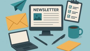 Laptop with email newsletter design on screen, representing small business marketing strategy