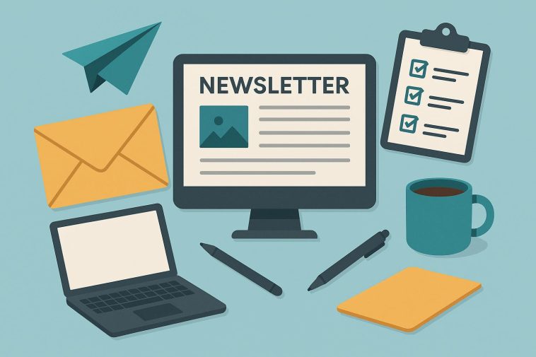 Laptop with email newsletter design on screen, representing small business marketing strategy