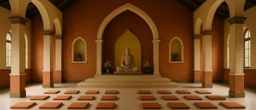Multi-faith community gathering in a shared spiritual space with teacher and diverse architecture