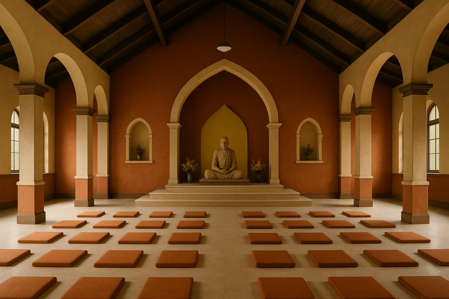 Multi-faith community gathering in a shared spiritual space with teacher and diverse architecture