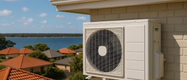 Modern air conditioning unit installed on a house in Mandurah during a hot, sunny day