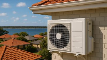 Modern air conditioning unit installed on a house in Mandurah during a hot, sunny day