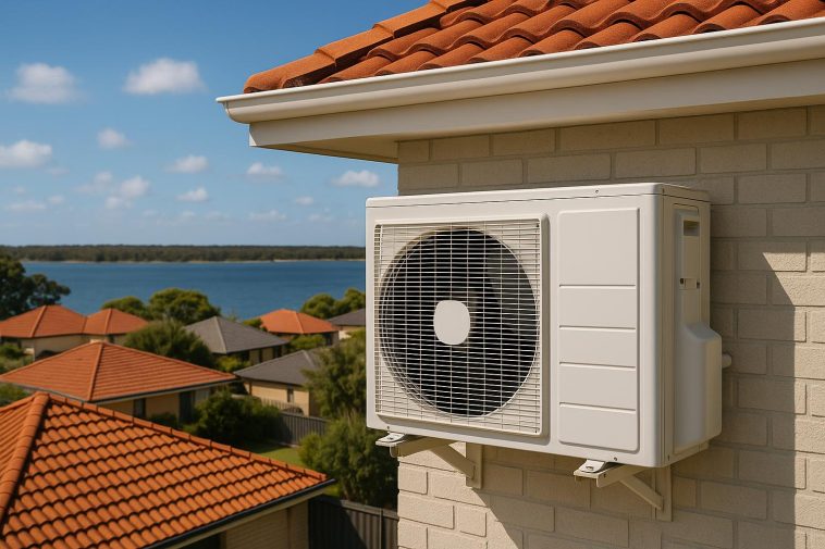 Modern air conditioning unit installed on a house in Mandurah during a hot, sunny day