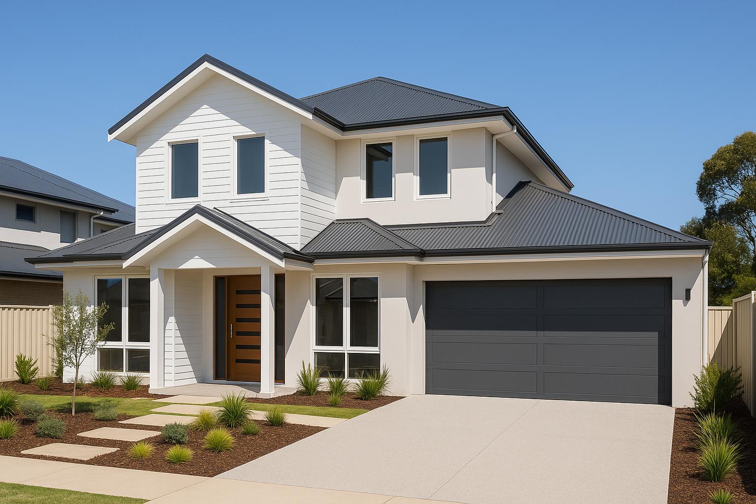 Modern custom-built home exterior in Mandurah, Western Australia, showcasing architectural features