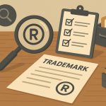 Trademark search process for business brand names with legal documents and magnifying glass