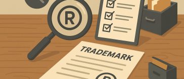 Trademark search process for business brand names with legal documents and magnifying glass