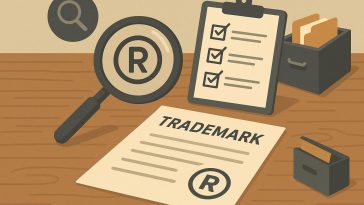 Trademark search process for business brand names with legal documents and magnifying glass