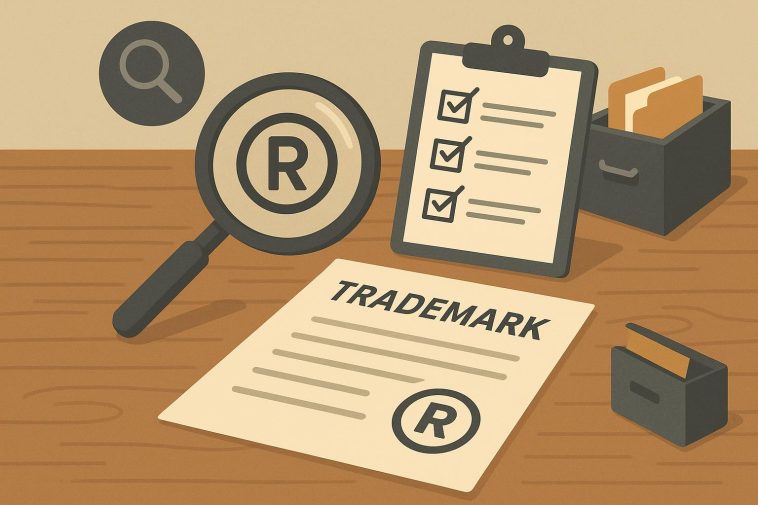 Trademark search process for business brand names with legal documents and magnifying glass