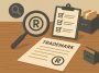 Trademark search process for business brand names with legal documents and magnifying glass